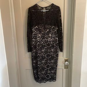 Maggy London size 16 lace dress with nude underlay, knee length.